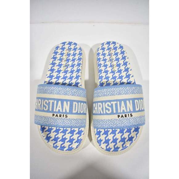 Christian Dior Dway Blue White Logo Houndstooth Slide Mule Flat Flop Sandal 37 - Picture 7 of 12